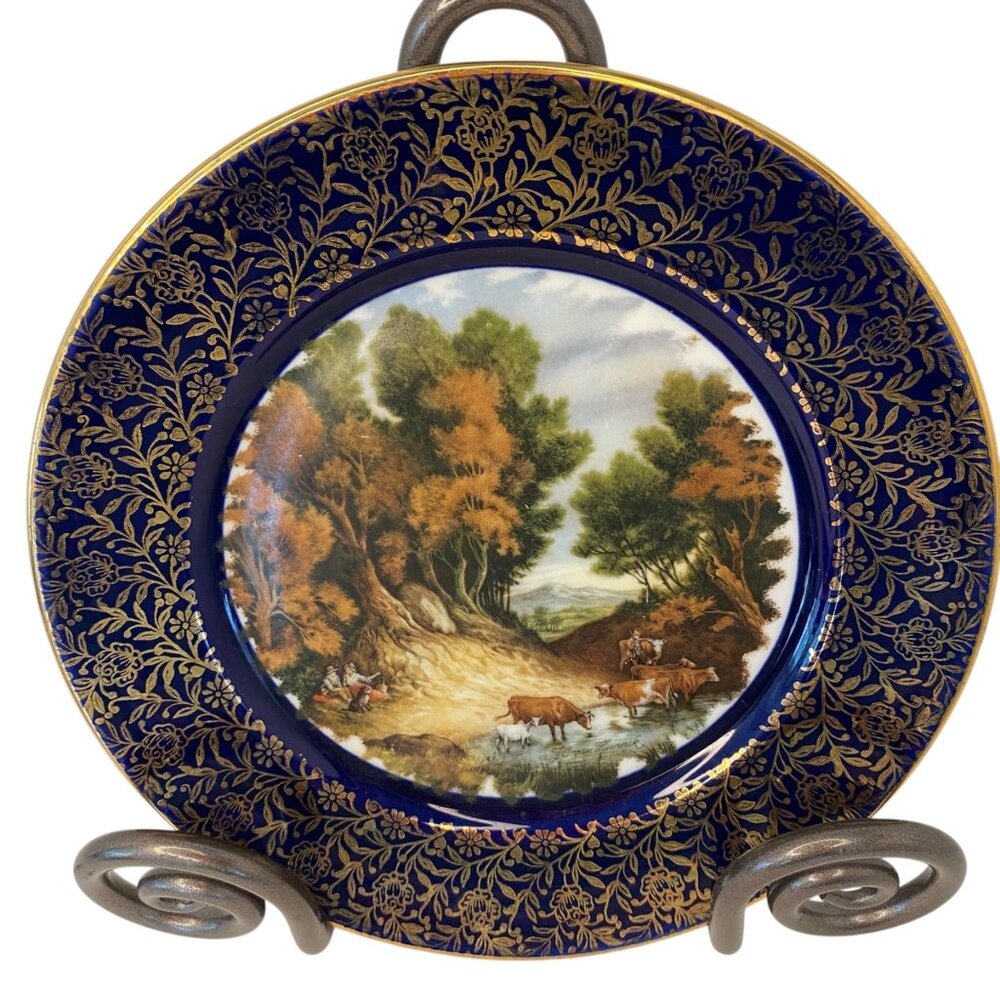 Royal Sutherland‎ Bone China Plate Pastoral Couple Scene Gold Floral Blue Rim